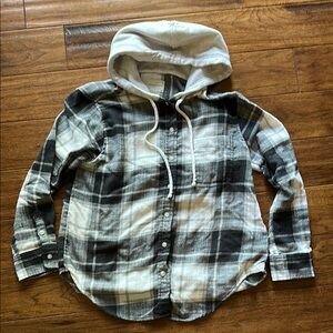 American Eagle Outfitters Black and Gray Button Down Shirt with Hood